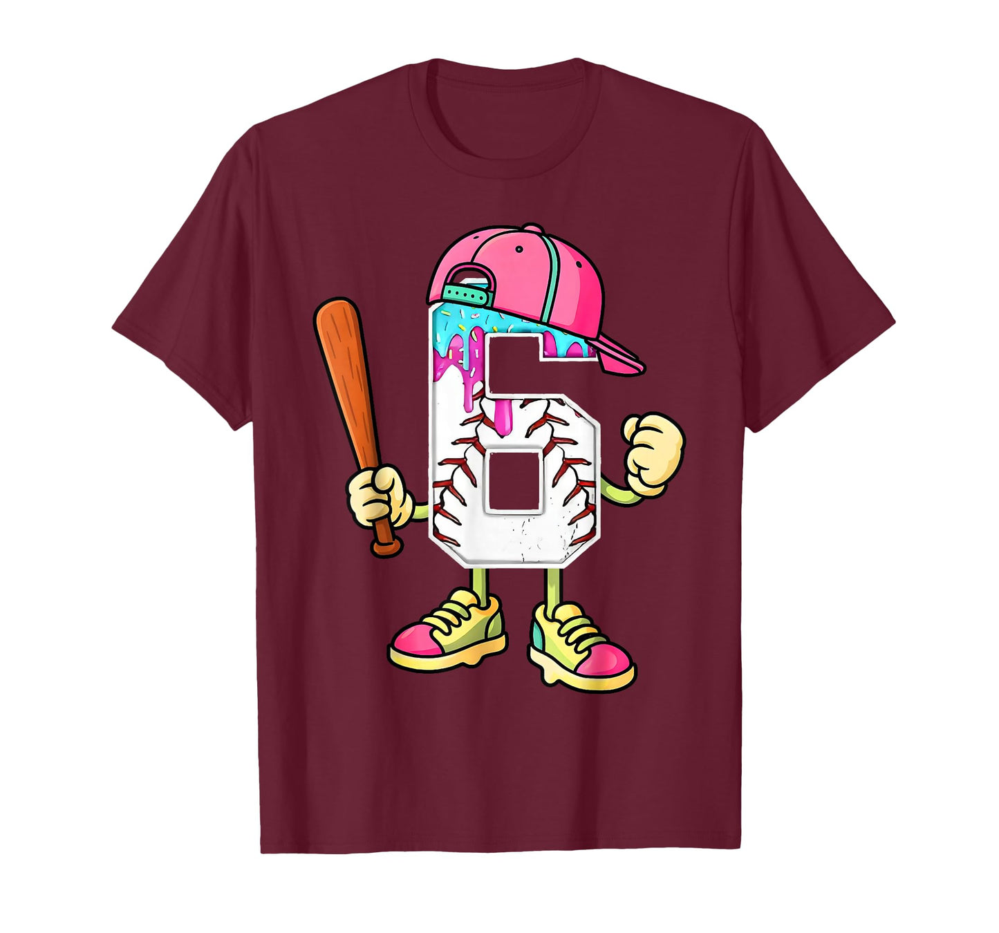Baseball 6th Birthday Boy Ice Cream Drip 6 Year Old Birthday T-Shirt