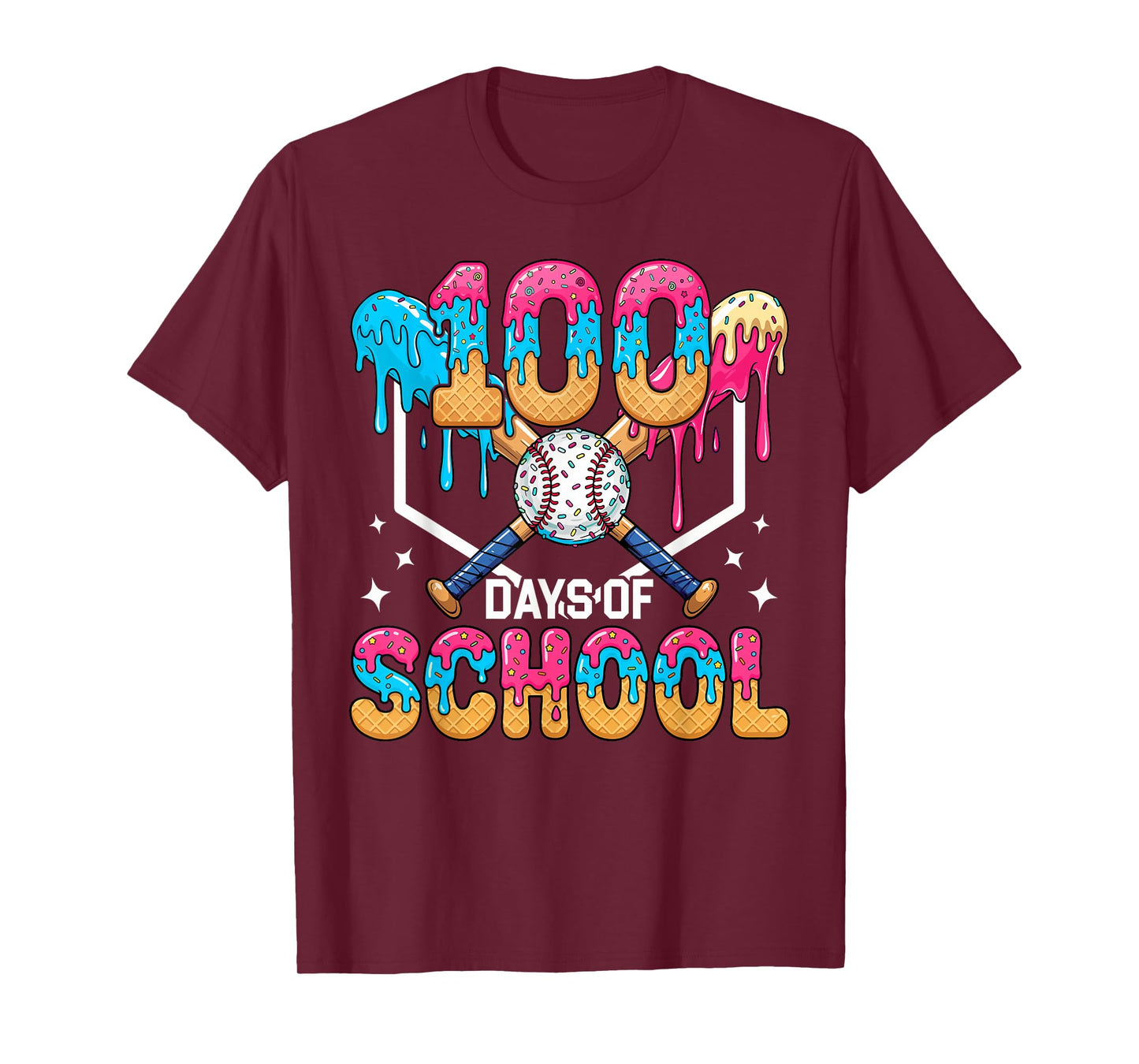 100 Days of School Baseball Boys Ice Cream Drip 100th Day T-Shirt