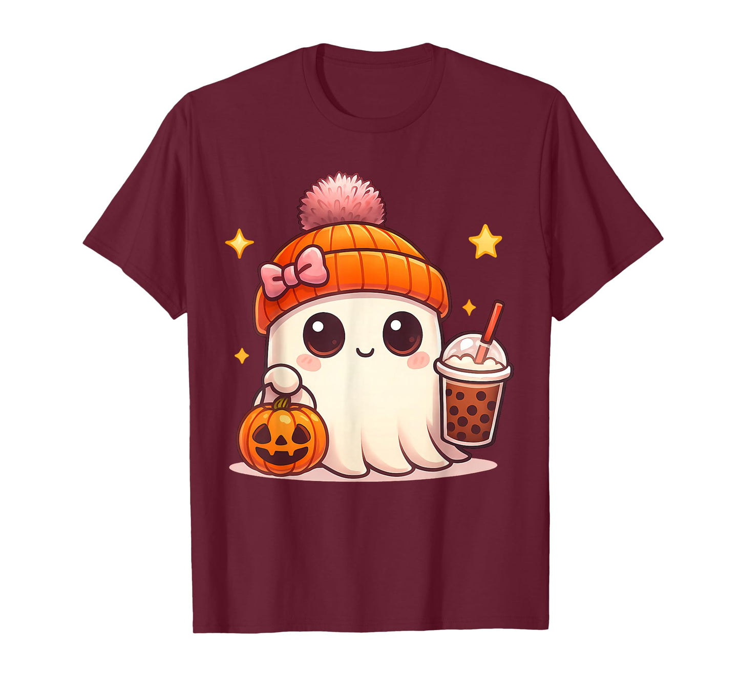 Kawaii Ghost Drinking Pumpkin Boba Tea Cute Ghost Halloween T-Shirt