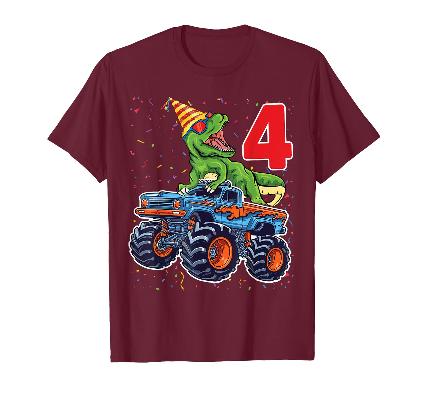 4th Birthday Monster Truck Dinosaur Birthday Boys 4 Year Old T-Shirt