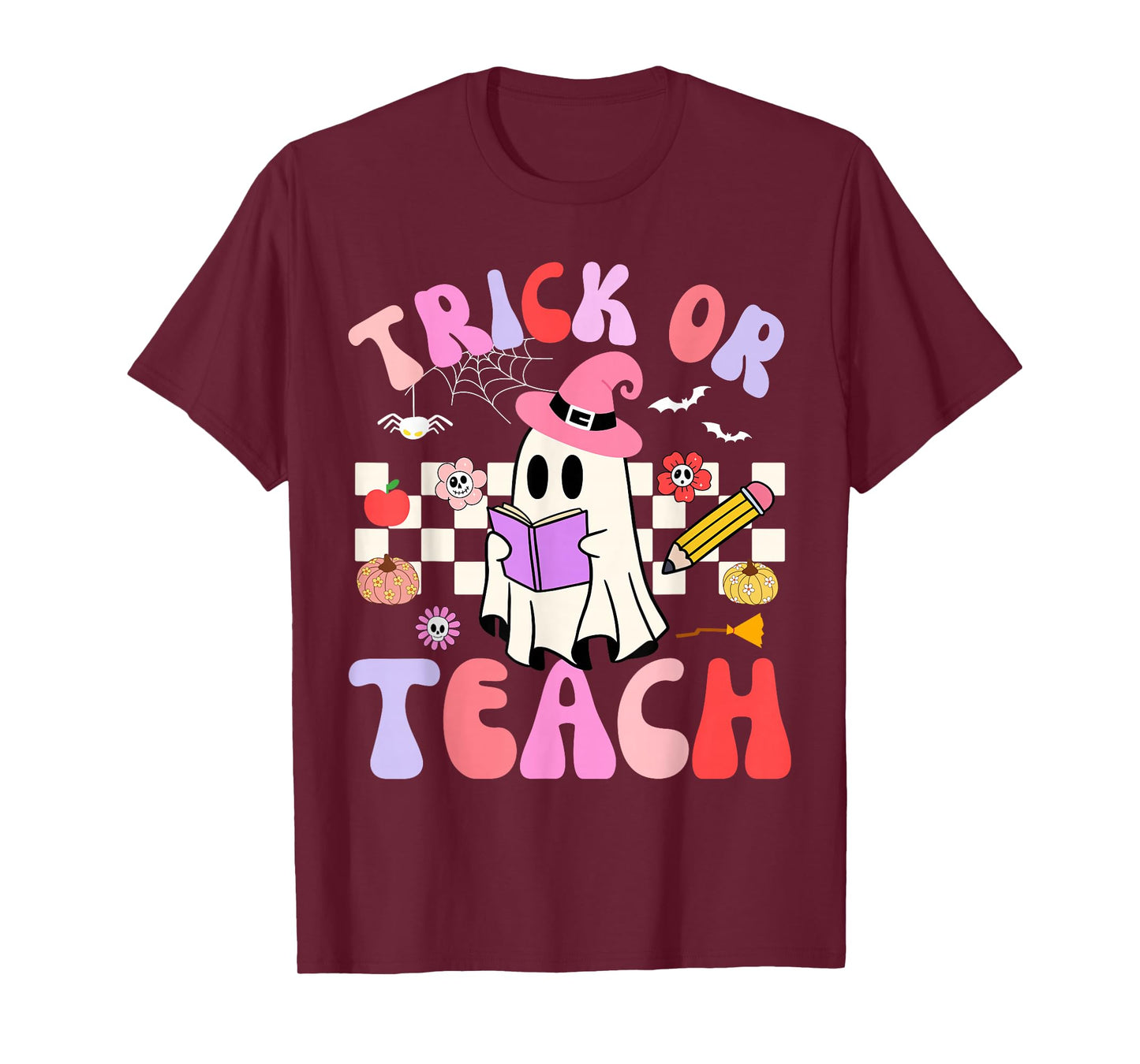 Trick Or Teach Halloween Teacher Floral Ghost Groovy T-Shirt