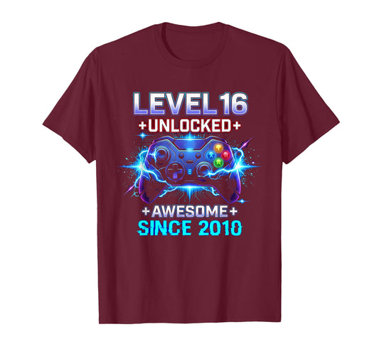 Level 16 Unlocked Awesome Since 2010 16th Birthday Boy Gamer T-Shirt