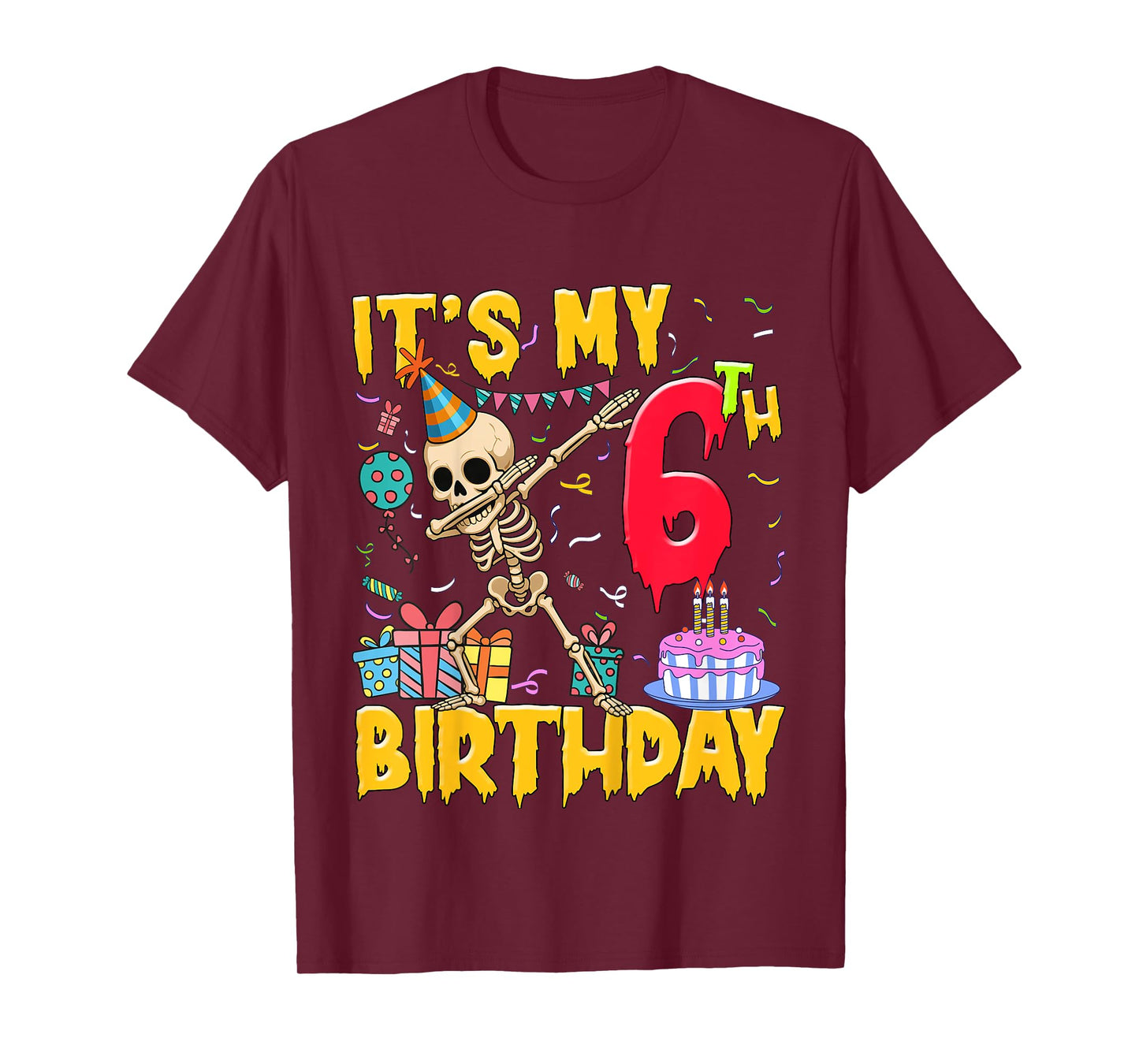 Kids It's My 6th Birthday Party Halloween Skeleton Birthday T-Shirt