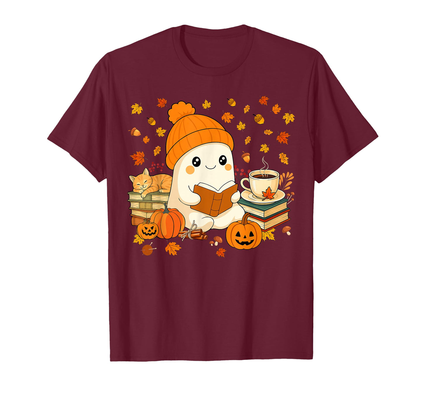 Cute Ghost Reading Book Lovers Autumn Fall Halloween Ghost T-Shirt
