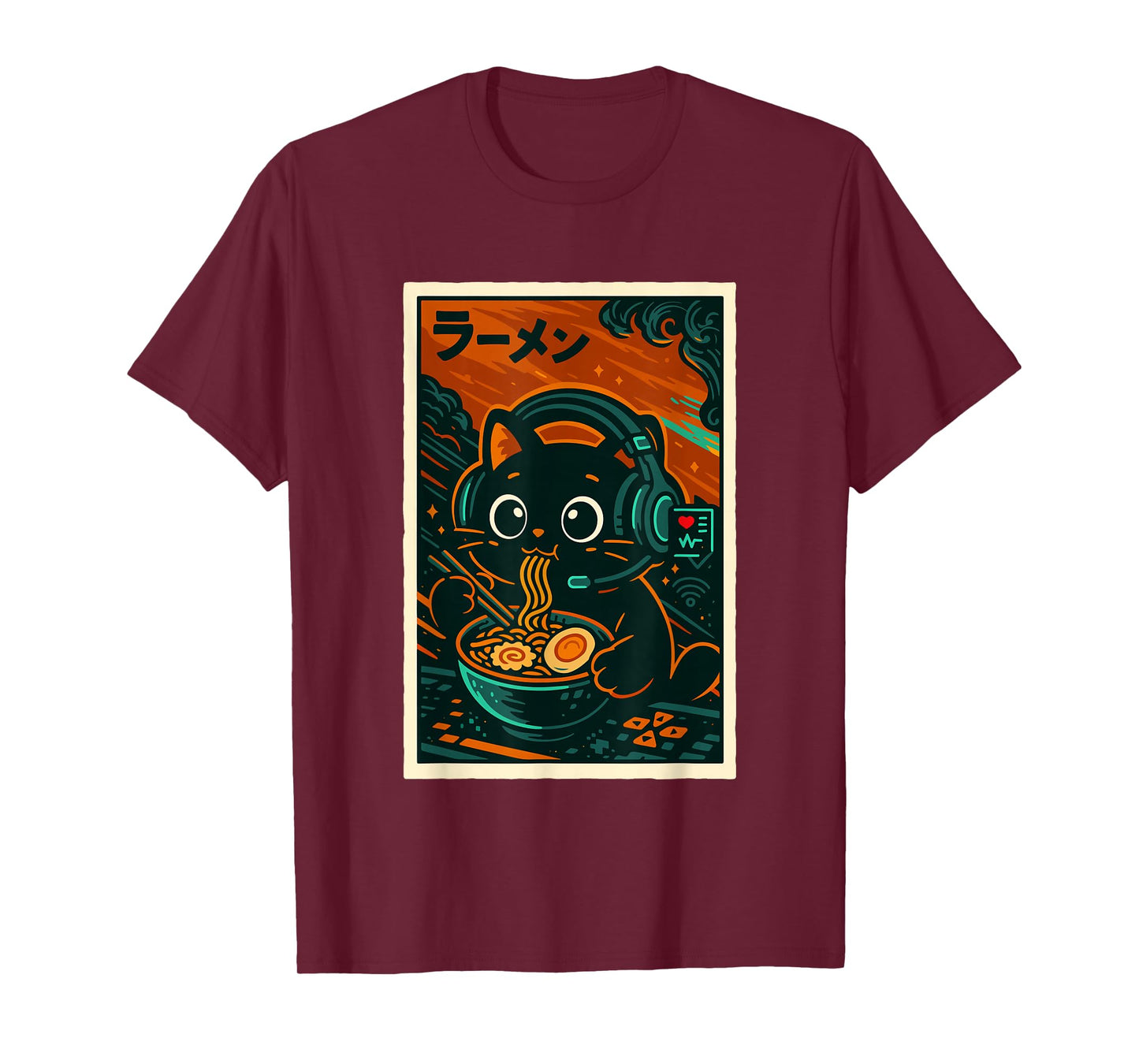Retro Vintage Japanese Kawaii Slurping Ramen Cat Gamer T-Shirt
