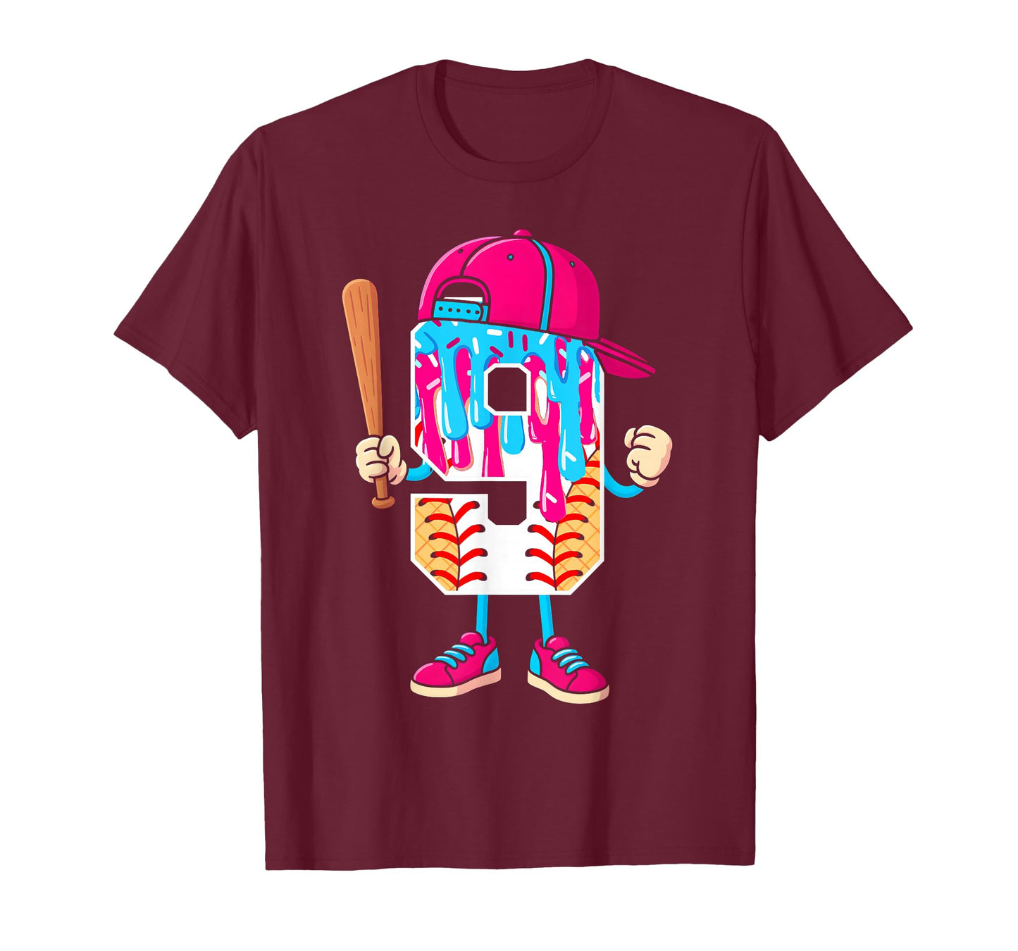 Baseball 9 Year Old Ice Cream Drip 9th Birthday Boy Number 9 T-Shirt