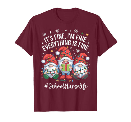 School Nurse Gnome Everything is Fine Funny Christmas T-Shirt