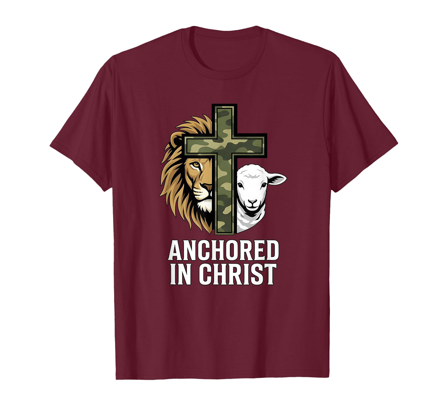 Christian Faith Anchored in Christ Camo Cross Lion Sheep T-Shirt