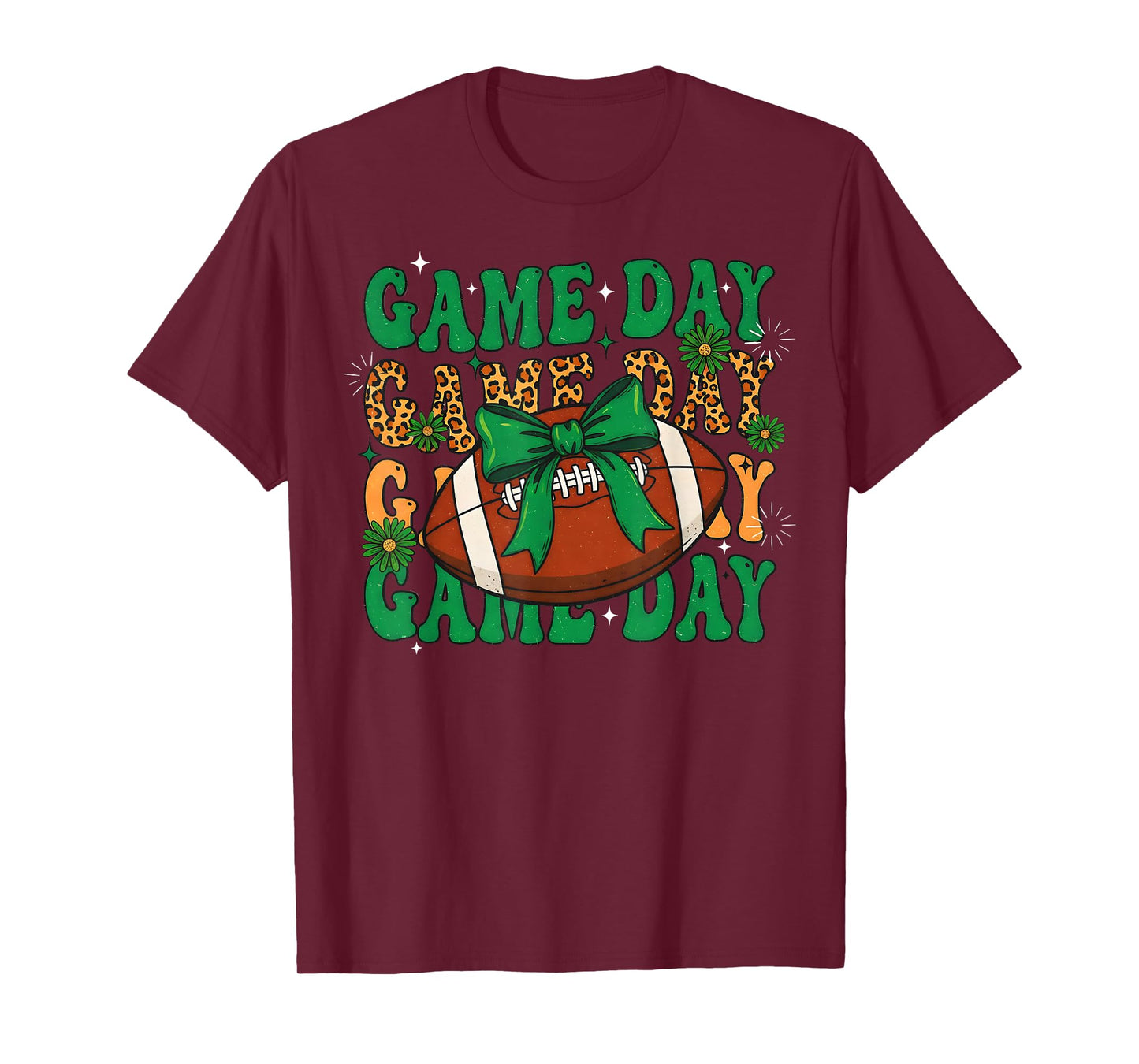 Green Leopard Game Day Football Bow Touchdown Season T-Shirt