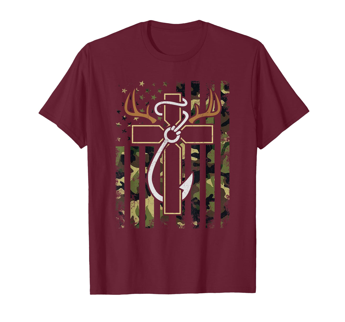 Hunting Fishing Faith Cross Deer Antlers Hook USA Flag Retro T-Shirt