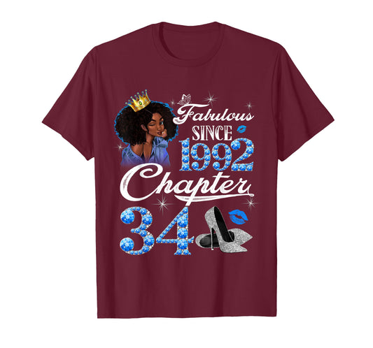 34th Birthday Black Queen Chapter 34 Fabulous Since 1992 T-Shirt