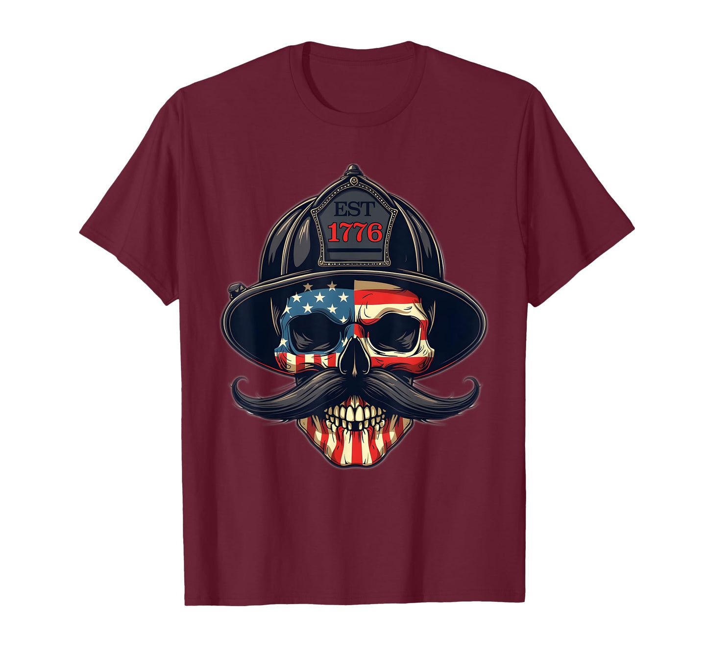 Firefighter Skull Mustache Fire Fighter Fireman USA Flag T-Shirt