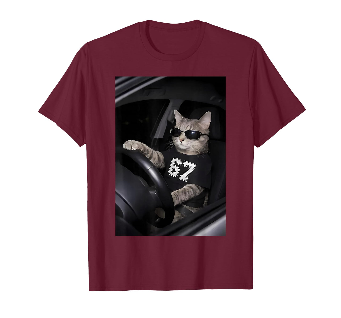 Funny Cat Wearing Sunglasses Driving Car Six Seven 67 Meme T-Shirt