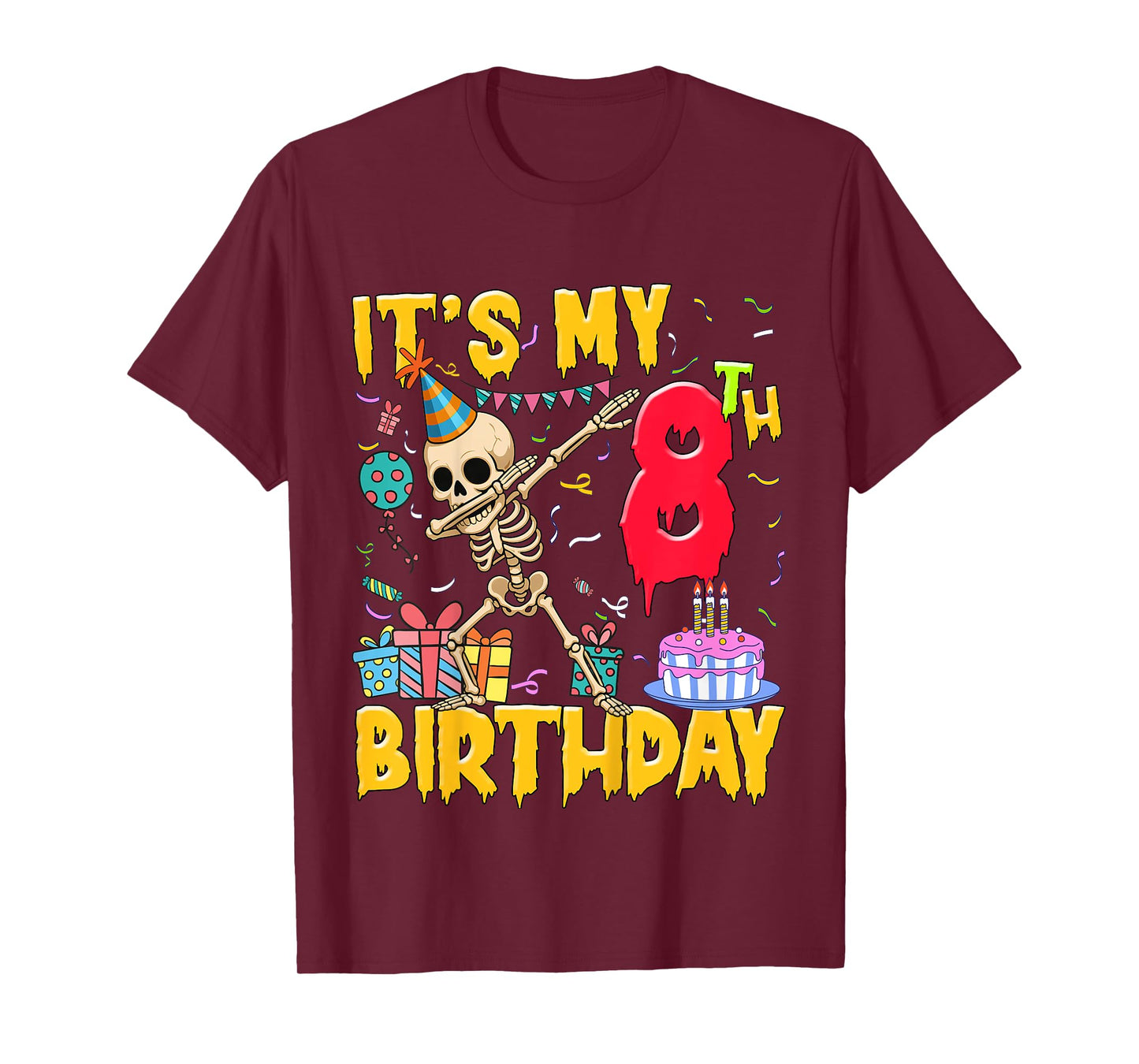 Kids It's My 8th Birthday Party Halloween Skeleton Birthday T-Shirt