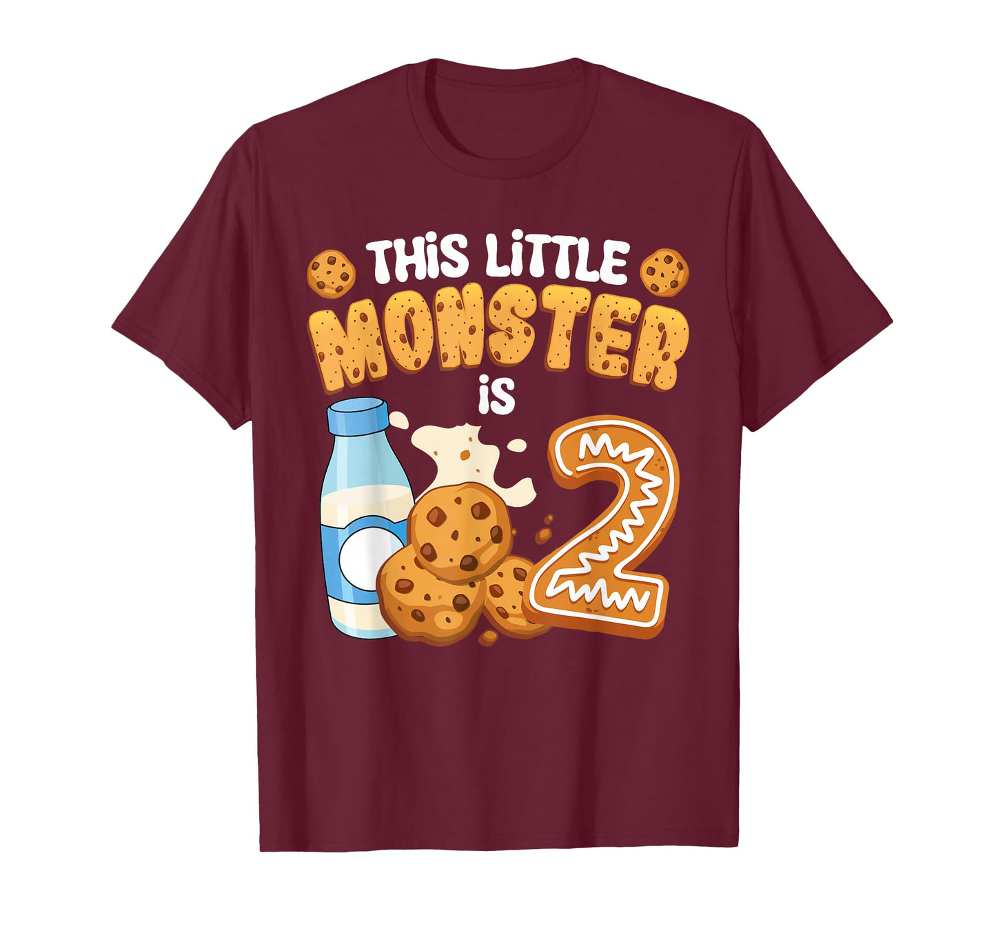 Milk and Cookies This Little Monster Is 2 2nd Bday Boy Girl T-Shirt