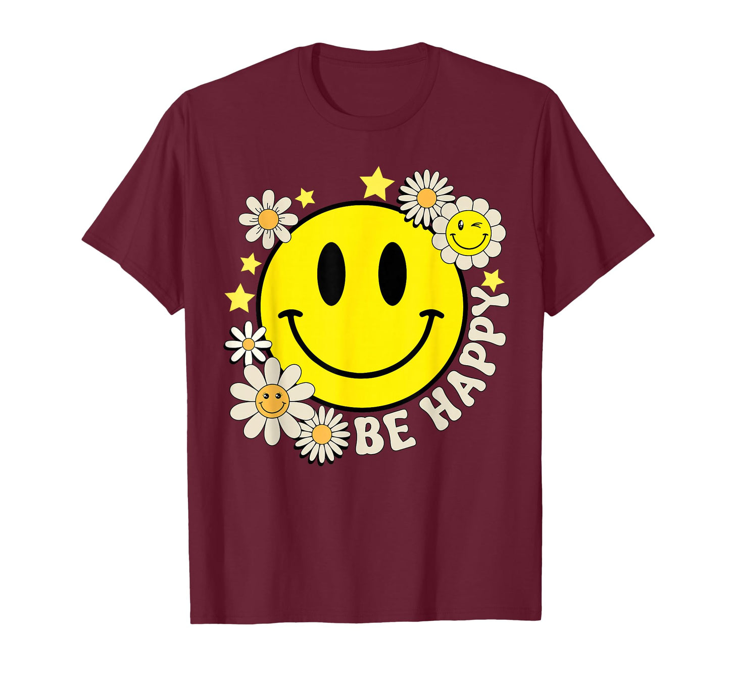 Retro Groovy Be Happy Smile Face Daisy Flower 70s T-Shirt