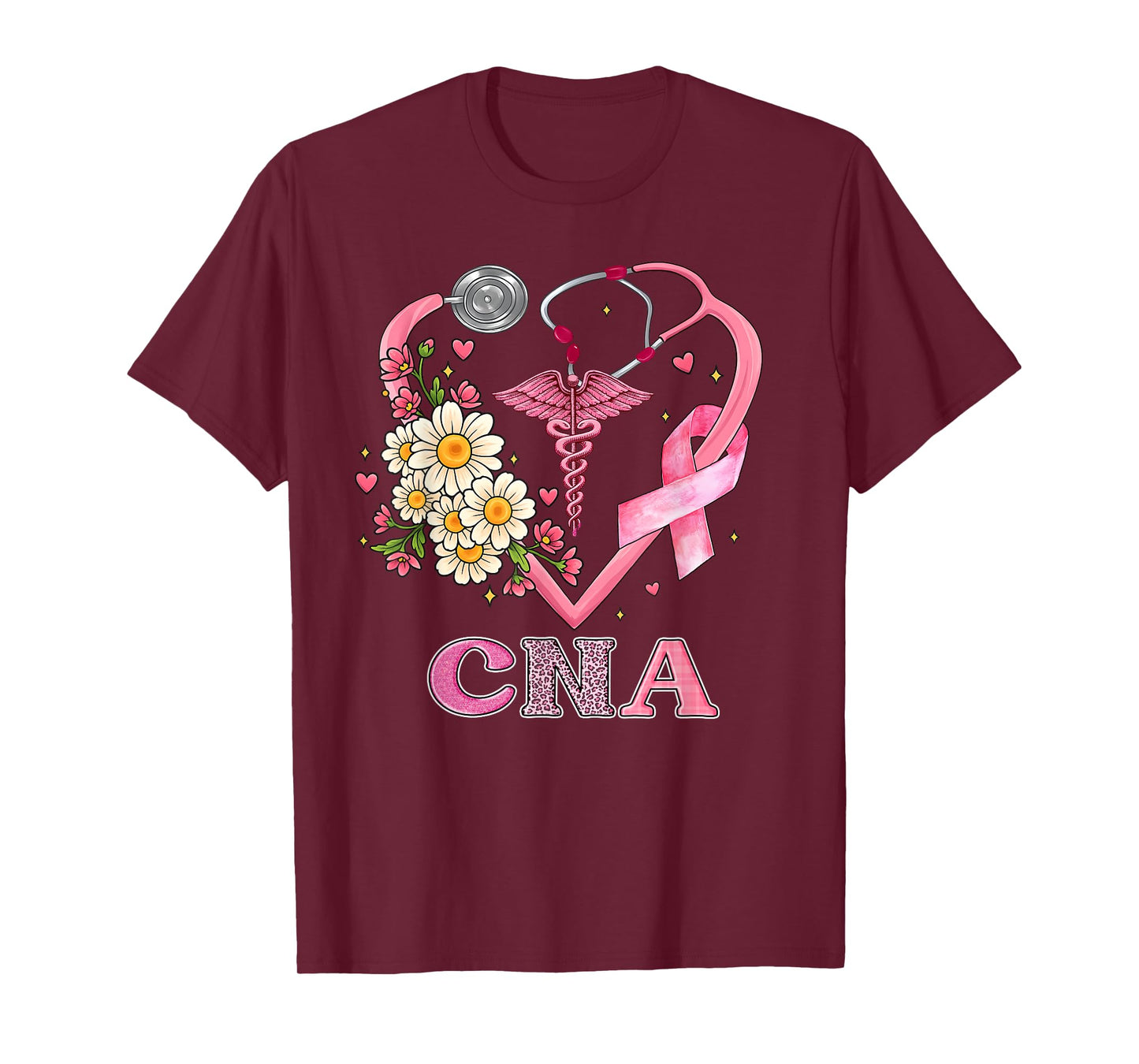 CNA Heart Pink Ribbon Stethoscope Breast Cancer Awareness T-Shirt