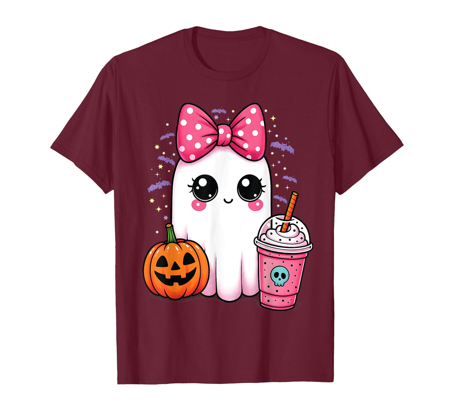 Spooky Cute Ghost Drinking Iced Coffee Pumpkin Bow Halloween T-Shirt