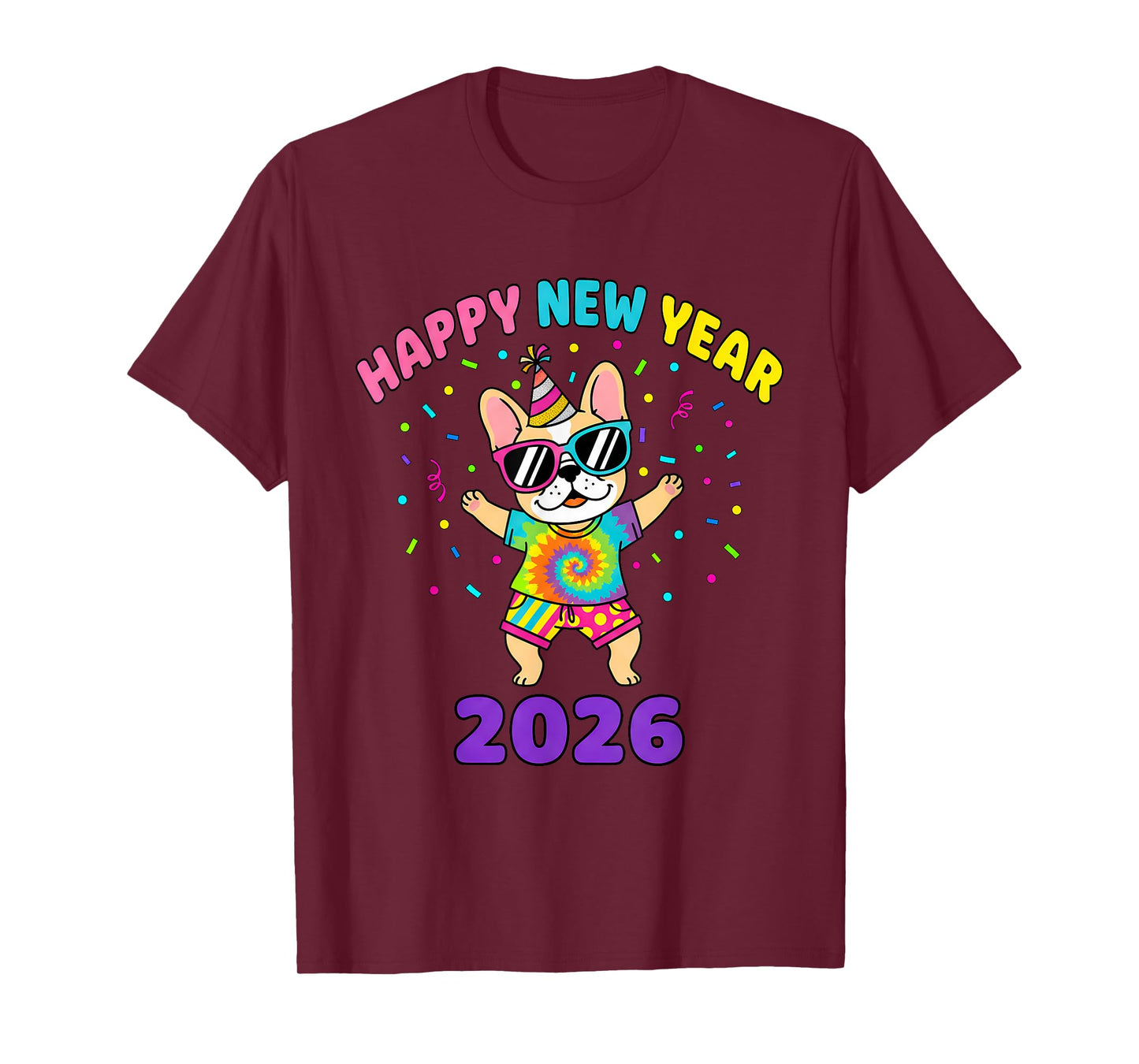 Happy New Year 2026 Kids Girls Funny Dog T-Shirt