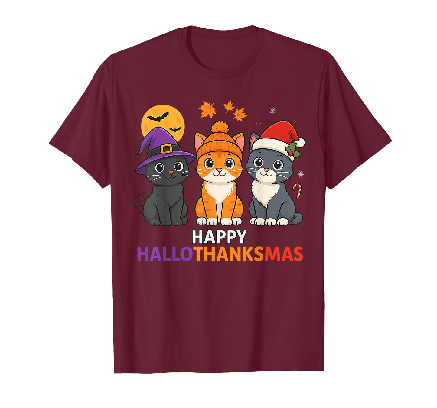 Cat Halloween Christmas Happy Hallothanksmas Thanksgiving T-Shirt