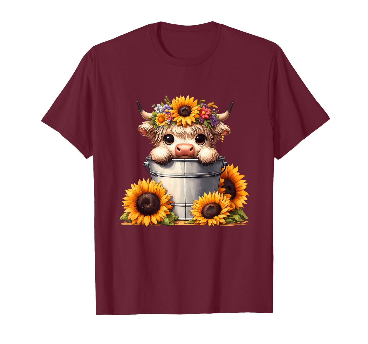 Cute Baby Highland Cow with Sunflowers in Bucket, Calf T-Shirt