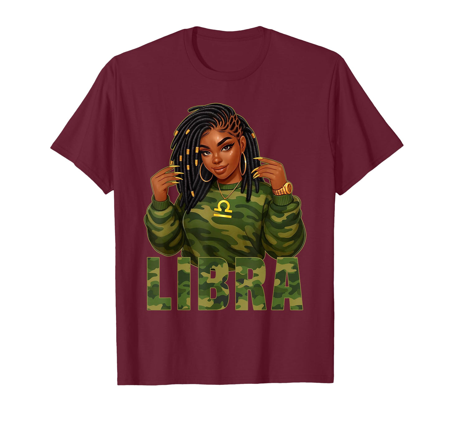 Libra Queen Loc'd Black Woman Camo Zodiac Sign T-Shirt