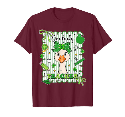 Goose One Lucky Teacher Coquette Bow St Patrick's Day T-Shirt