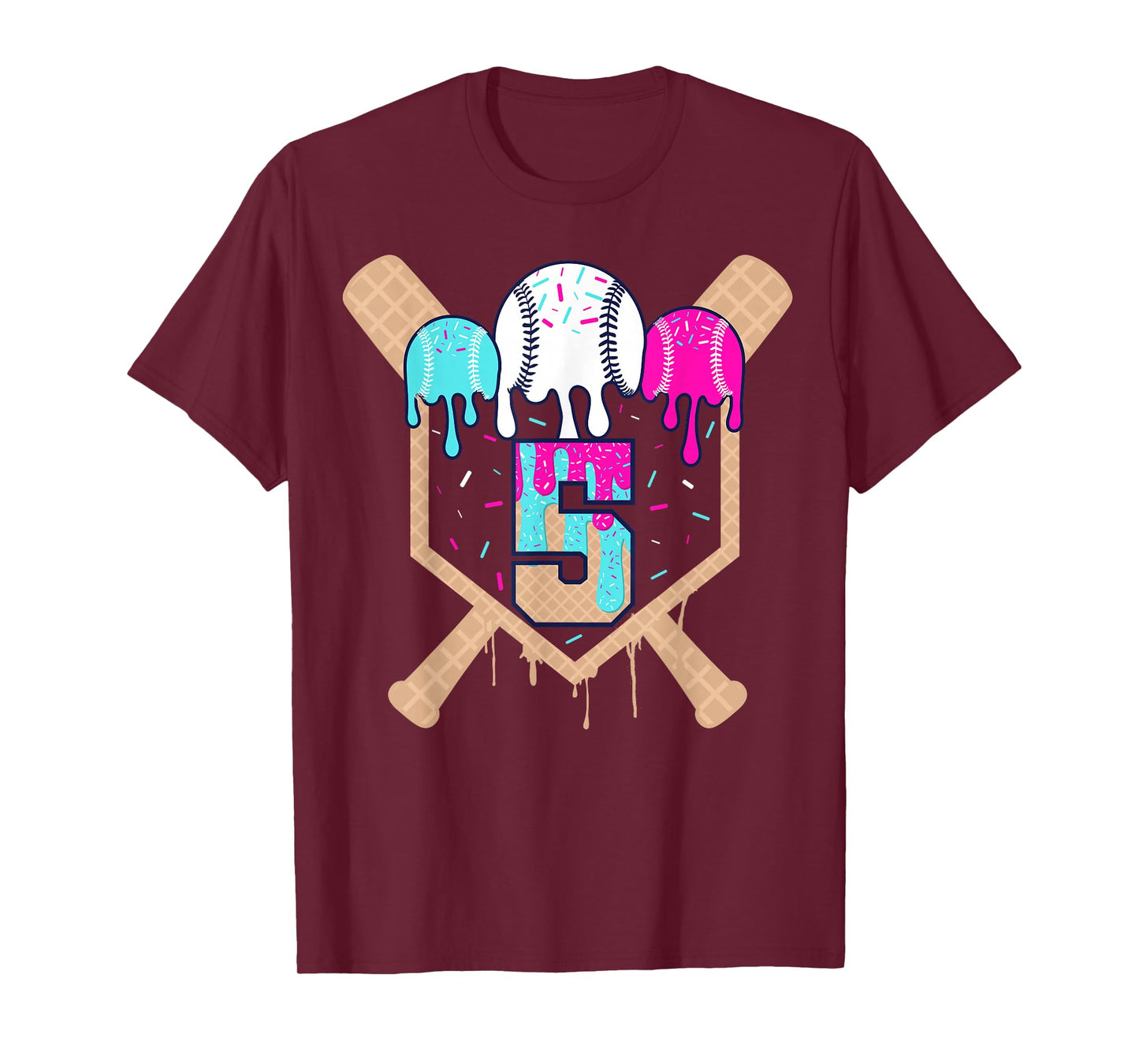 Baseball 5 Year Old Ice Cream Drip 5th Birthday Boy Number 5 T-Shirt