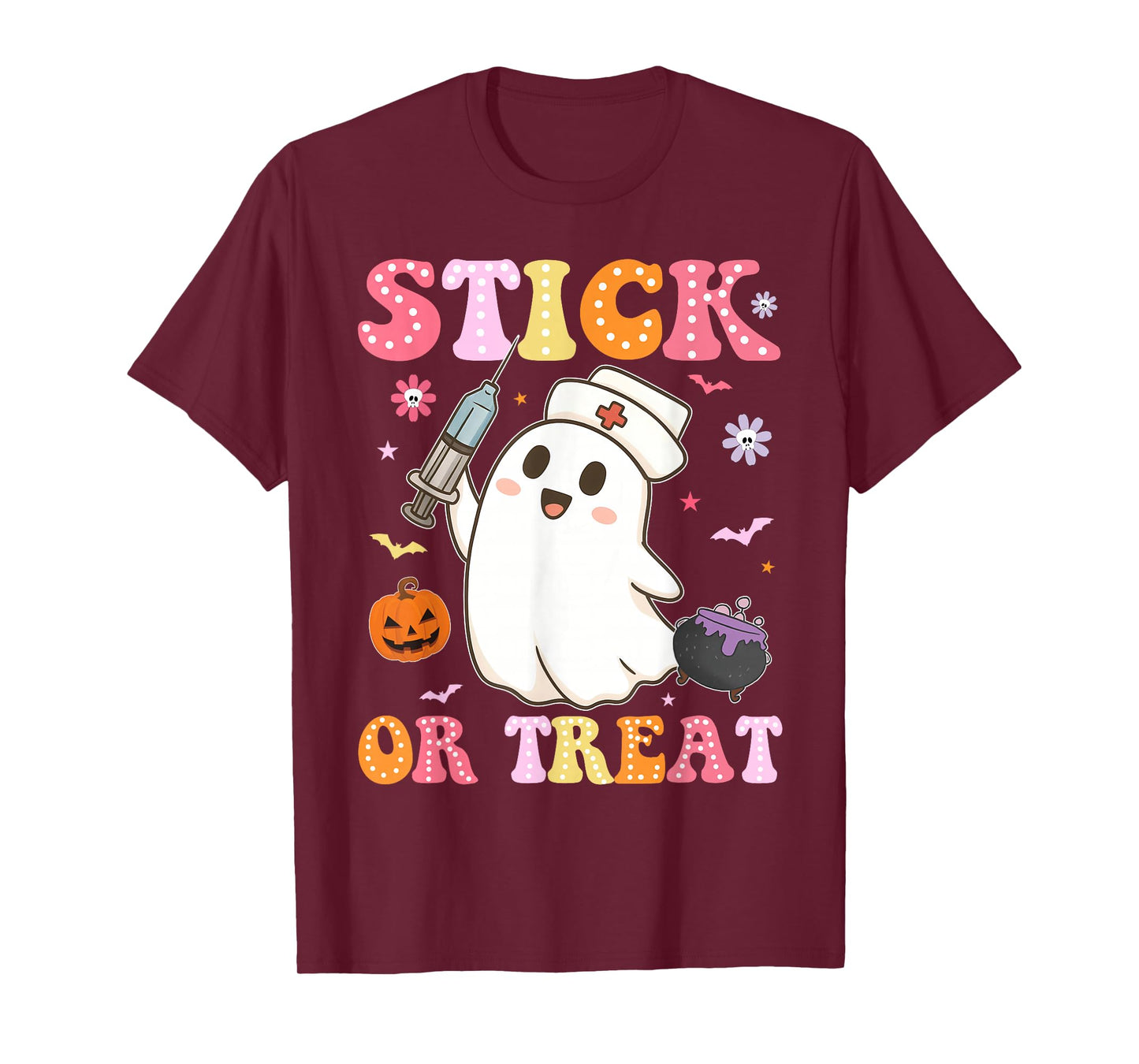 Funny Stick Or Treat Cute Nurse Ghost Halloween Crew Women T-Shirt