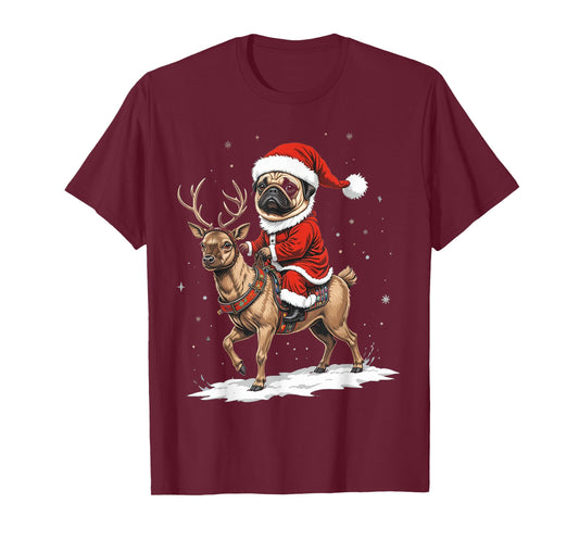 Pug Santa Riding Reindeer Christmas Holiday Puppy Happy T-Shirt