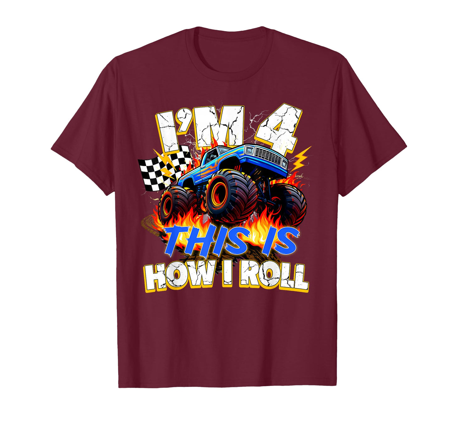 Funny 4 Year Old Birthday Boy Monster Truck 4th Bday Kids T-Shirt
