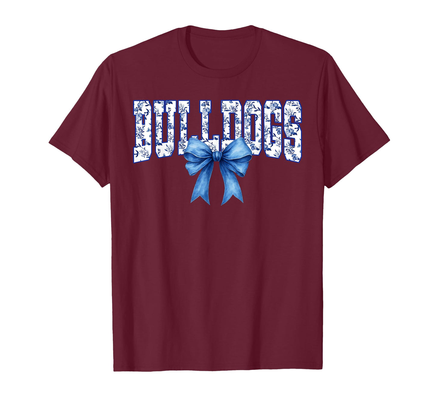 Bulldogs Floral Toile Royal Blue Watercolor Coquette Bow T-Shirt