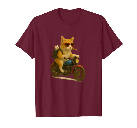 Funny Cat Biker with Mouse in Backpack Motorcycle Lover T-Shirt