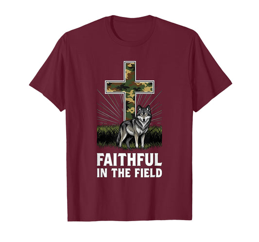 Christian Camo Cross Wolf Faithful in The Field T-Shirt