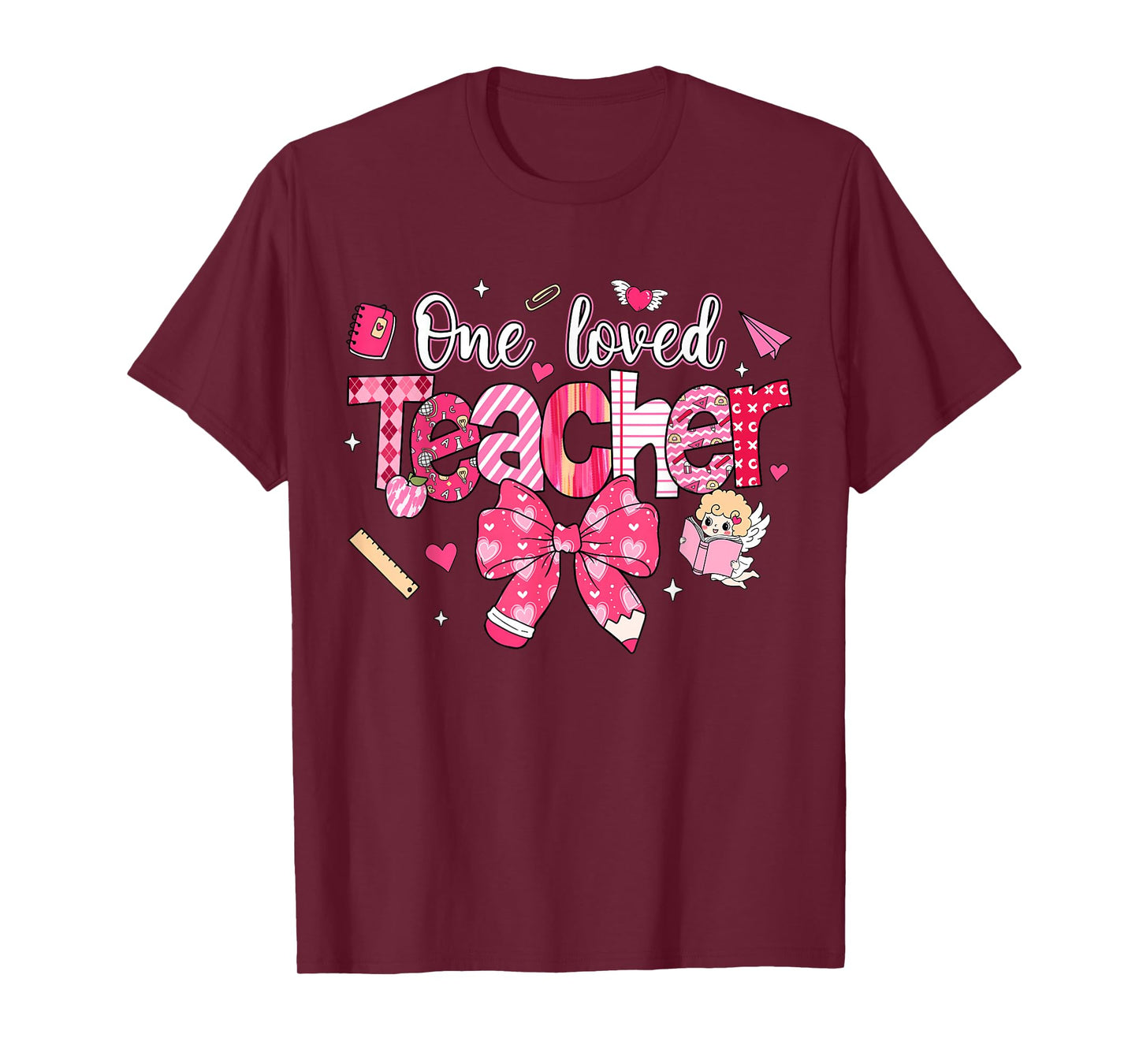 One Loved Teacher Coquette Bow Pencil Valentine Girl Women T-Shirt