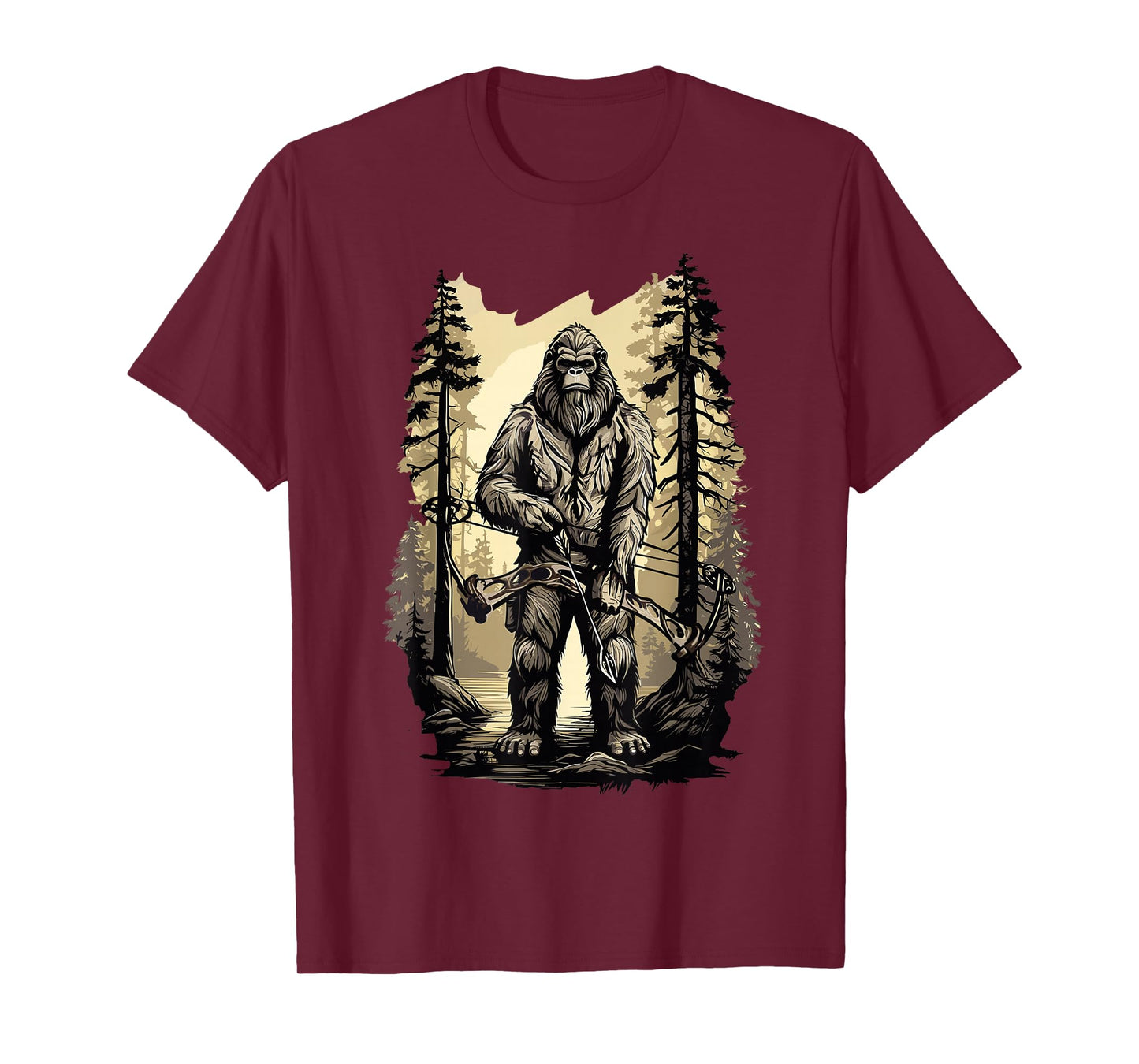 Bow Hunting Bigfoot, Funny Bow Hunting Sasquatch T-Shirt, Black, Unisex-Adults, Small, Short Sleeve, Classic Fit, Cotton, Polyester