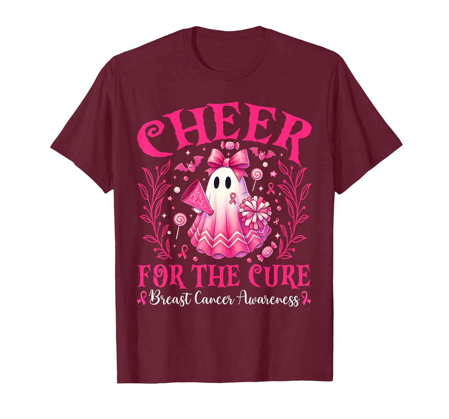 Cheer for The Cure Breast Cancer Pink Ghost Cheerleader T-Shirt