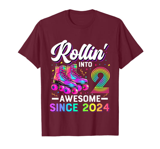 Kids 2nd Birthday Shirt Girl Two 2 Year Old Roller Skate Skating T-Shirt