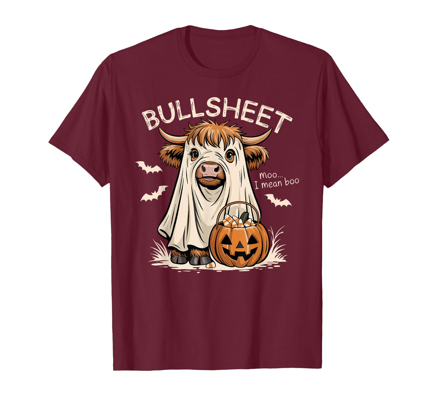 Bullsheet Moo I Mean Boo Highland Cow Ghost Halloween T-Shirt