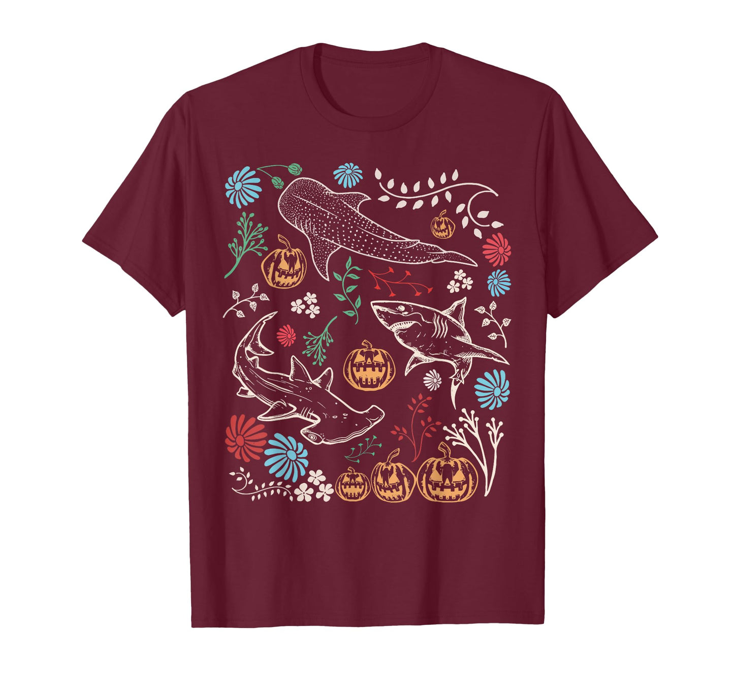 Vintage 90s Halloween Shark Pumpkin Ocean Marine Biology T-Shirt
