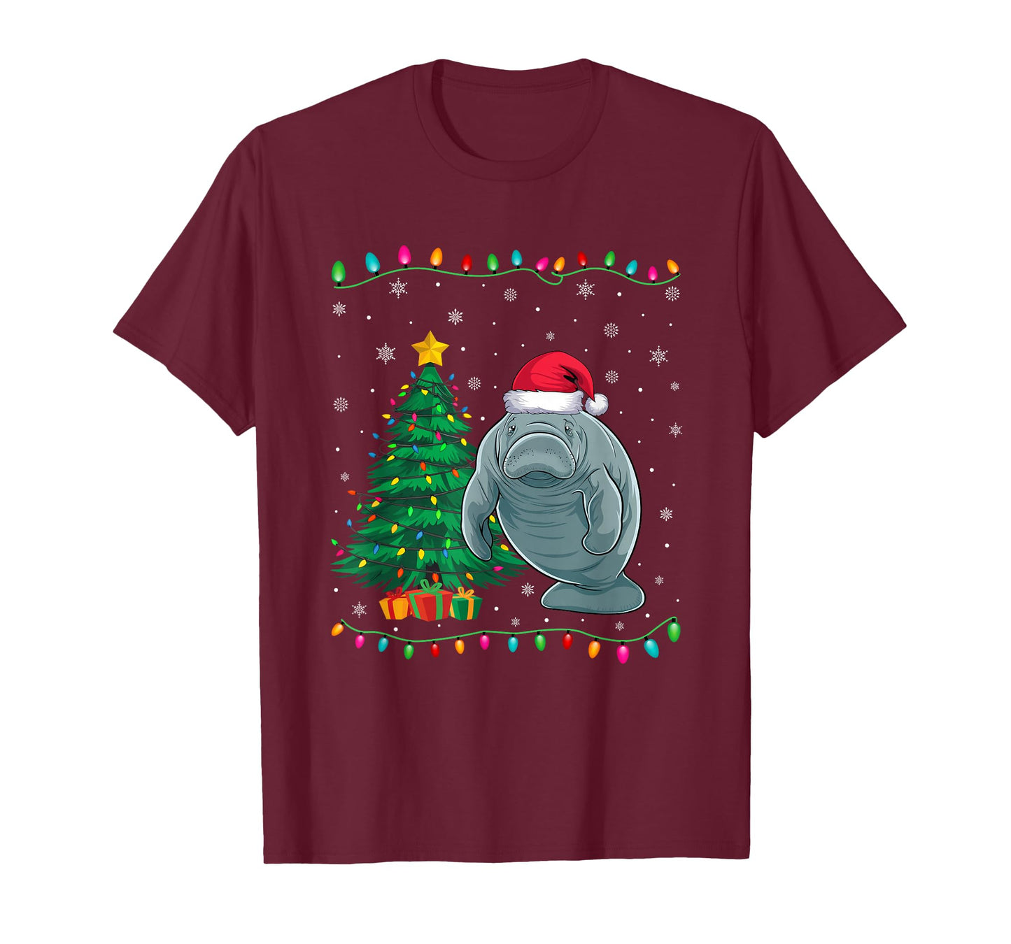 Manatee Santa Hat Men Women Kids Christmas Tree Lights T-Shirt