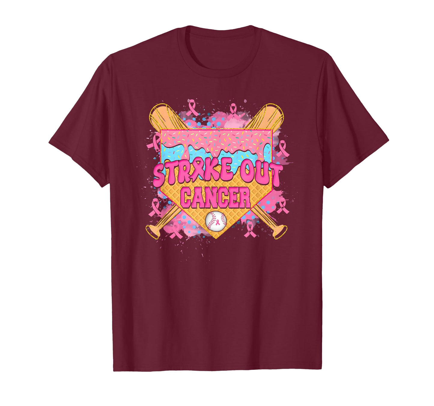 Strike Out Cancer Baseball Ice Cream Drip Breast Cancer T-Shirt