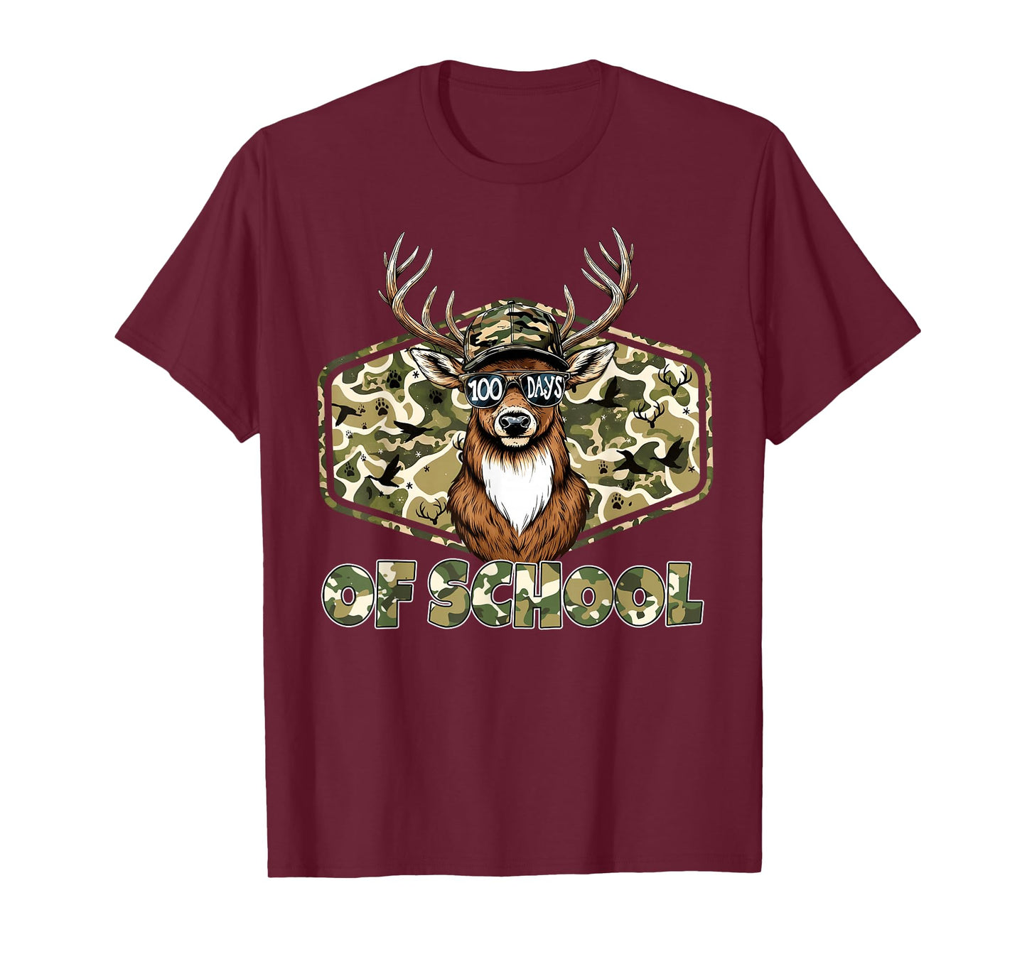 100 Days of School Camo Deer Buck Hunting Students Teacher T-Shirt