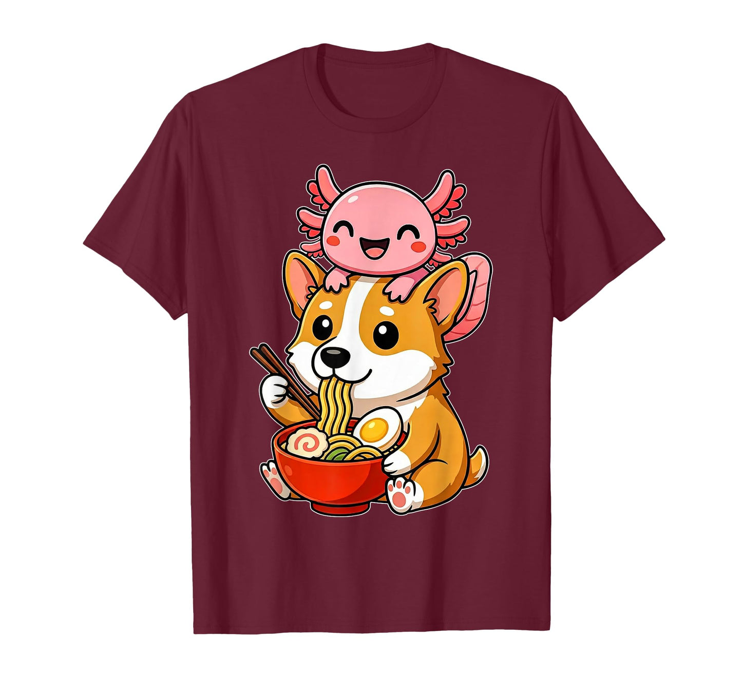 Funny Cute Axolotl and Corgi Dog Eating Ramen Anime Noodle T-Shirt