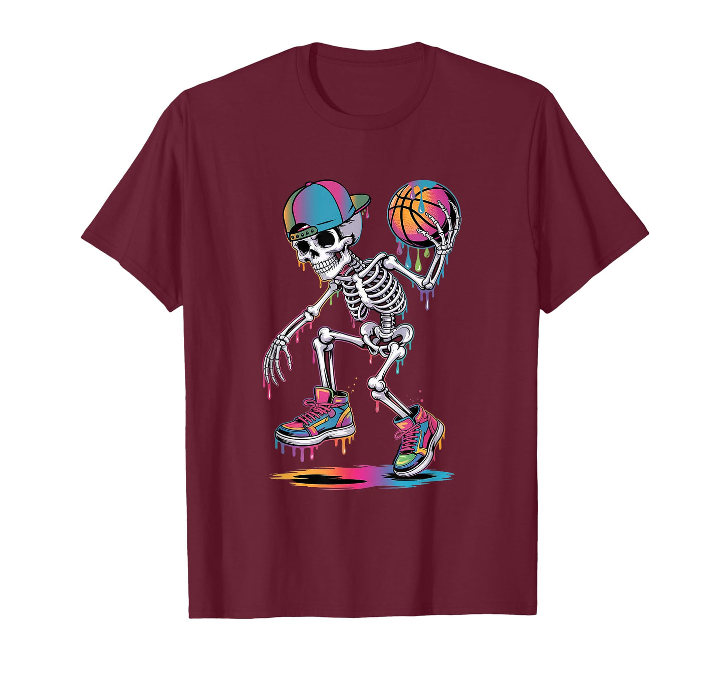 Skeleton Playing Basketball Dripping Boys Youth Halloween T-Shirt