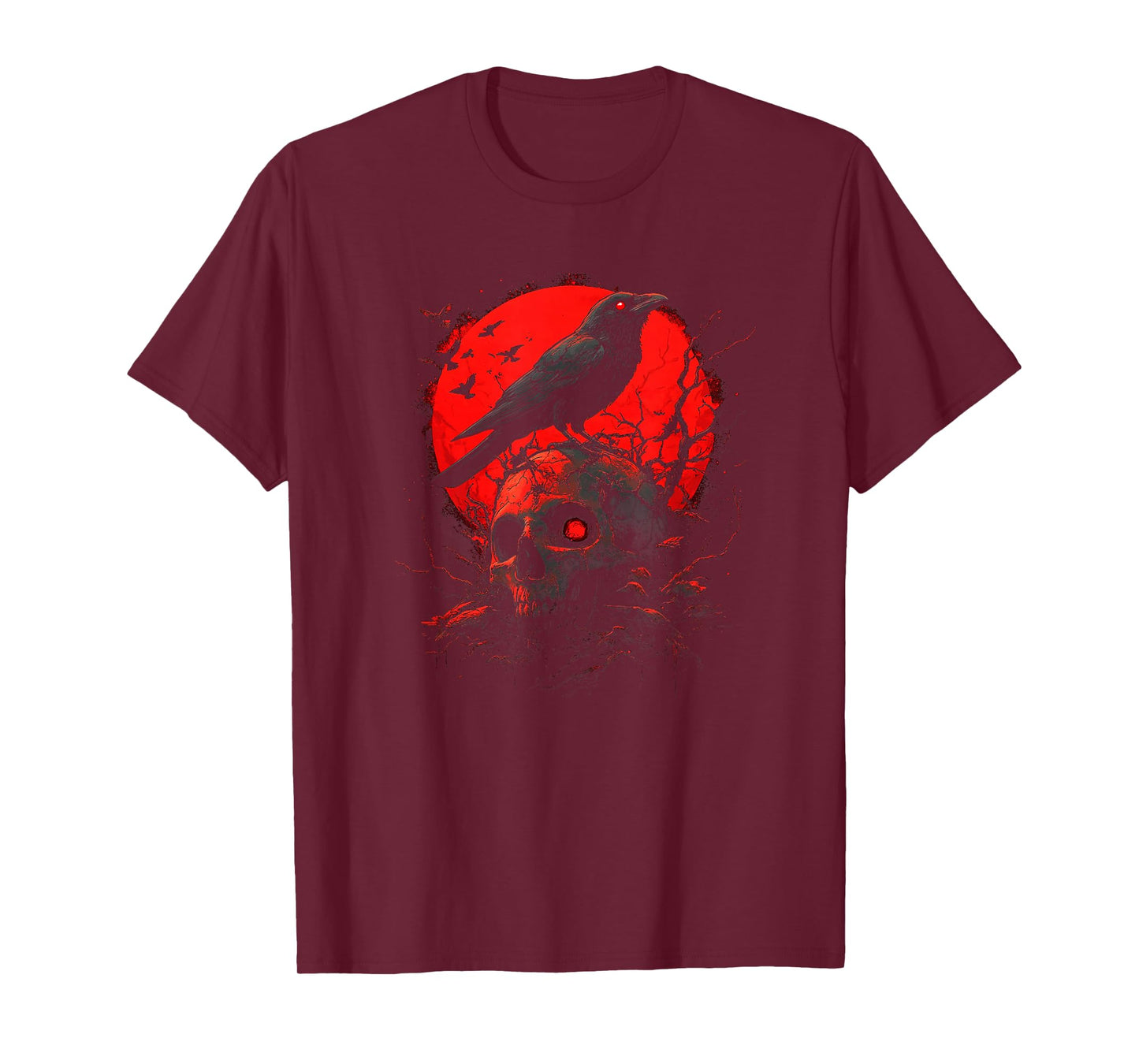 Black Gothic Raven Skull Red Moon Graphic Black Crow T-Shirt
