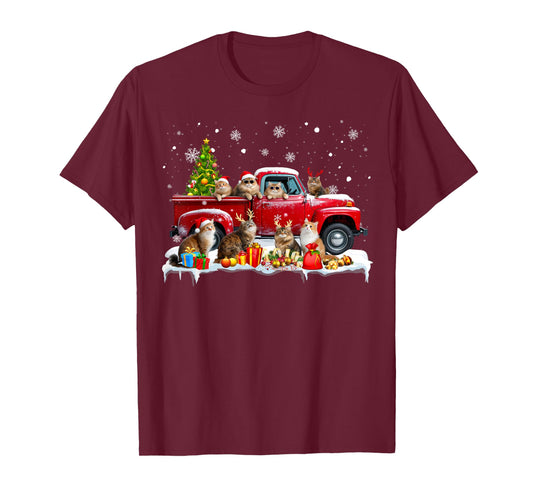 Maine Coon Cat Red Truck Christmas Tree Santa Ugly Xmas T-Shirt