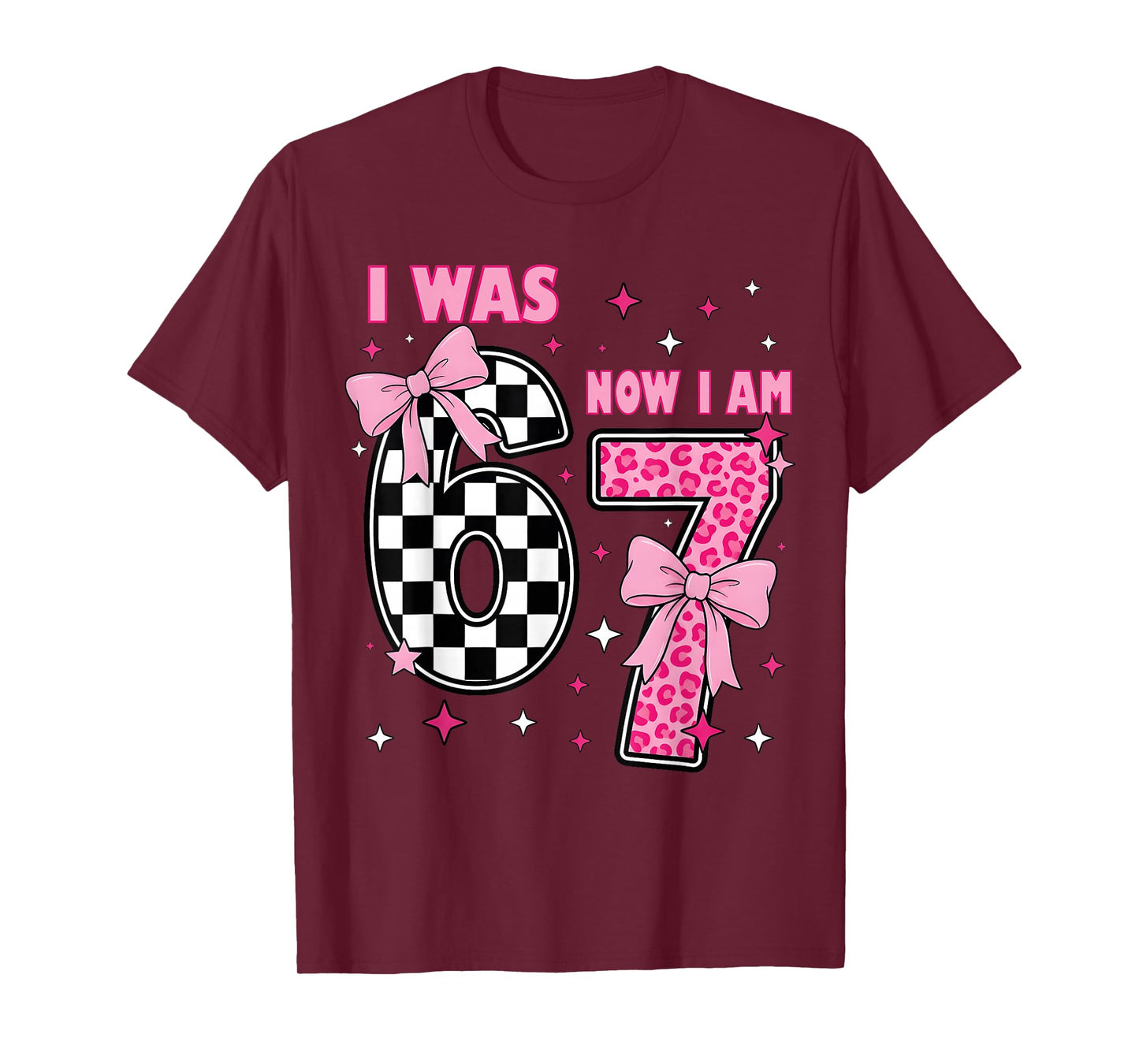 I was 6 Now I Am 7 Coquette Checkered Leopard Birthday Girl T-Shirt