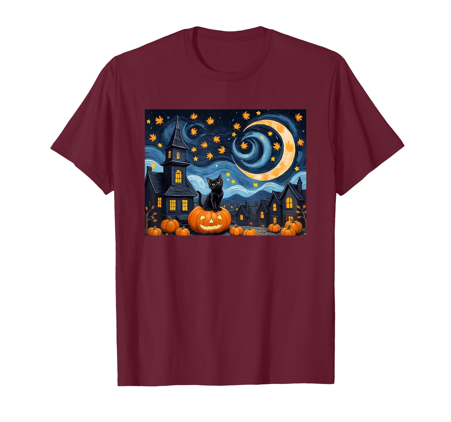 Halloween Van Gogh Starry Night Black Cat Pumpkin Vintage Men Women Kids T-Shirt