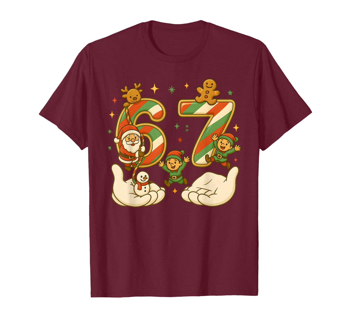 67 Hands Christmas Santa Elf Snowman Reindeer 6 7 Meme Xmas T-Shirt